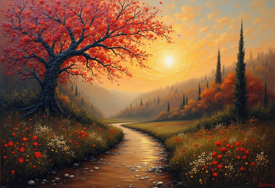 Vibrant autumn landscape with sunset and flowing river