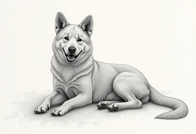 Happy dog resting on the ground with a joyful expression