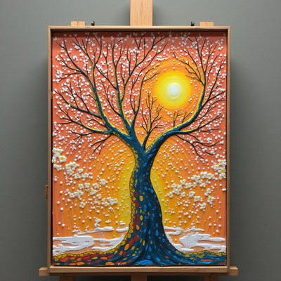 Vibrant tree painting against a sunset background