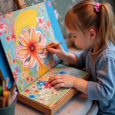 Young artist enjoys painting colorful flowers at home