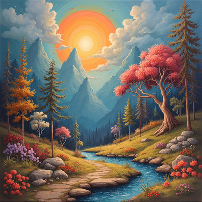 Vibrant landscape with mountains, river, and sunlight