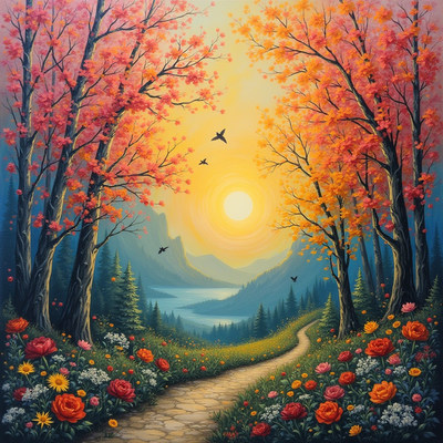 Vibrant autumn landscape with sunset over a lake