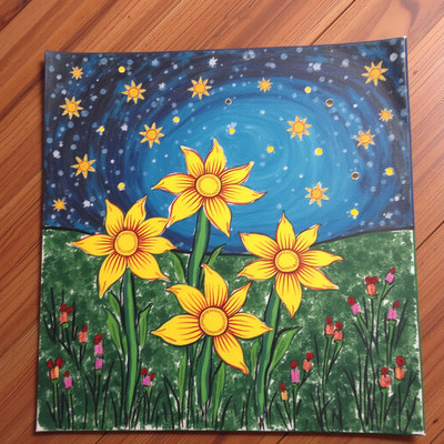 Bright sunflowers under a starry night sky in artwork