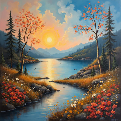 Sunset over tranquil lake surrounded by colorful trees