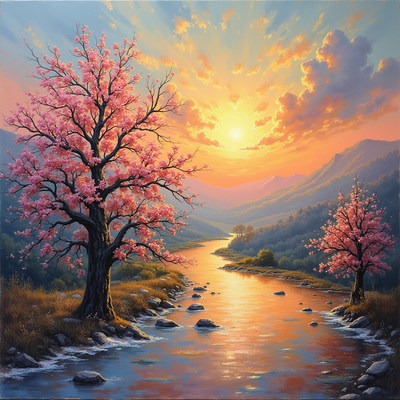 Sunset over a tranquil river with blooming cherry blossoms