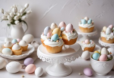 Easter cupcakes decorated with pastel eggs on a table