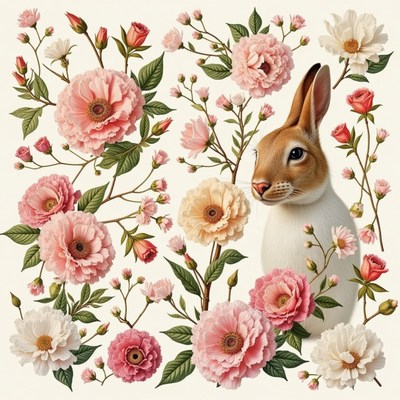 Rabbit surrounded by blooming flowers in a garden setting