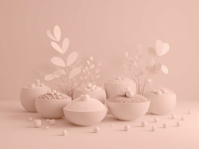 Bowls of various grains and powders in soft tones