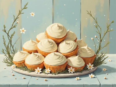 Cupcakes decorated with cream on a decorative plate