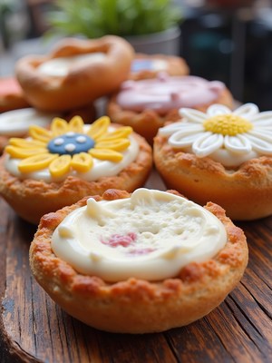 Colorful pastries decorated with flowers on a wooden table