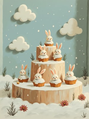 Cute bunny cupcakes on display in winter wonderland setting