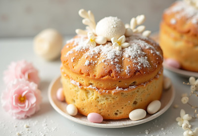 Delicious spring cake decorated with flowers and candies