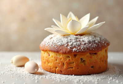Beautifully decorated cake with white flower on top