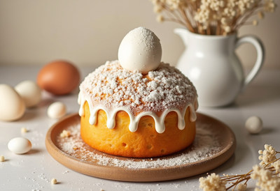 Delicious homemade cake decorated with icing and egg