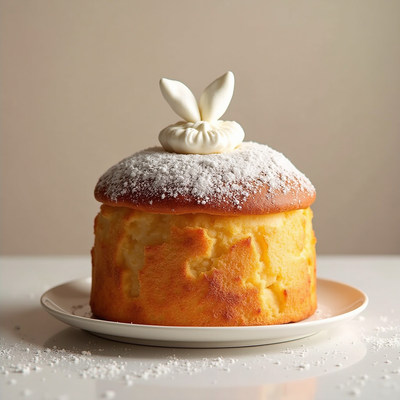 Delicious dessert with decorative cream and sugar topping