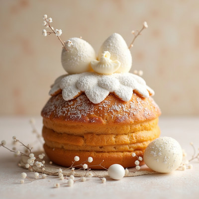 Beautifully decorated cake topped with meringue and flowers