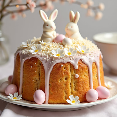 Easter cake with bunnies and flowers