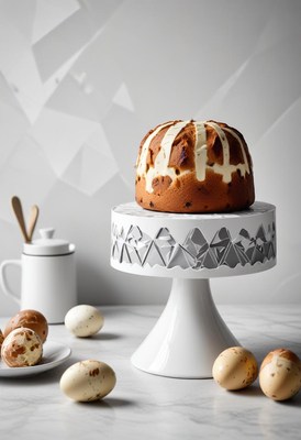 Delicious cake on display with decorative eggs nearby