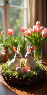 Decorated table with bunnies and spring flowers