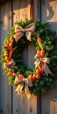 Handmade carrot wreath displayed on rustic wooden wall