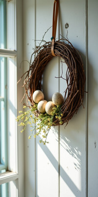 Wreath with eggs and greenery hanging on wall