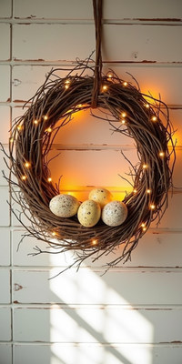 Nature-inspired wreath with decorative eggs and lights