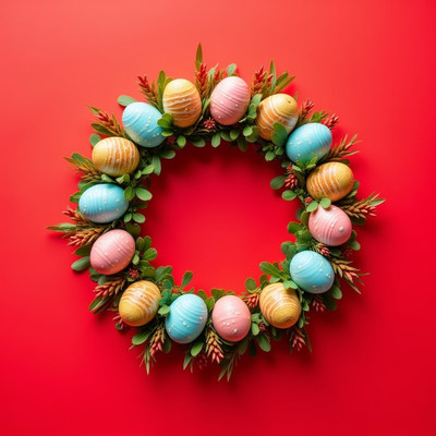 Colorful easter wreath with decorated eggs on red background