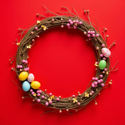 Easter wreath with eggs and flowers on red background