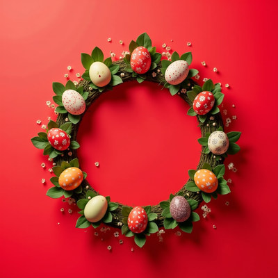 Festive easter wreath with decorated eggs on red background