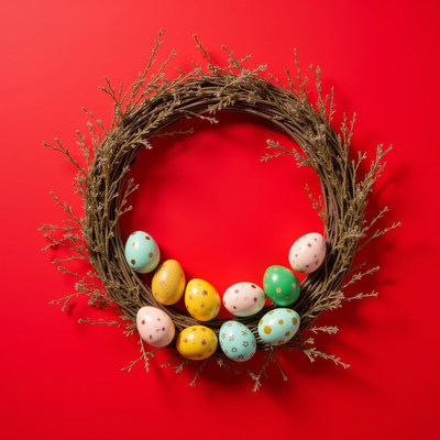 Colorful easter eggs arranged in a decorative wreath