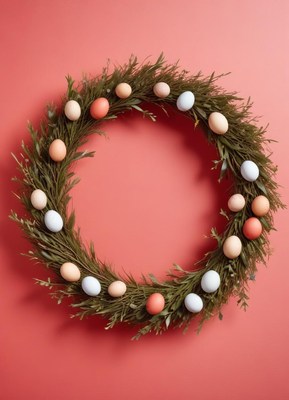 Decorative easter wreath with pastel eggs on display