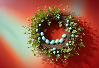 Decorative spring wreath with blue eggs and green foliage