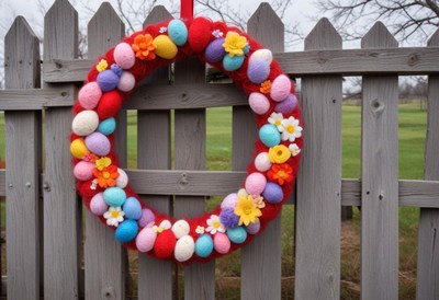 Colorful spring wreath design on wooden fence