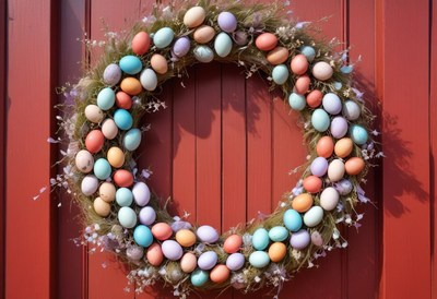 Colorful easter wreath decorates a red wooden door