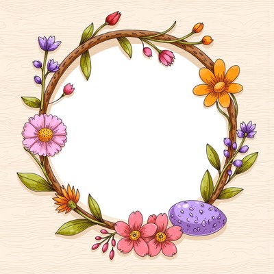 Decorative floral wreath with colorful blossoms and egg