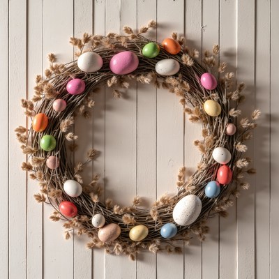 Decorative easter wreath with colorful eggs and greenery