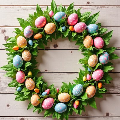Spring wreath decorated with colorful easter eggs