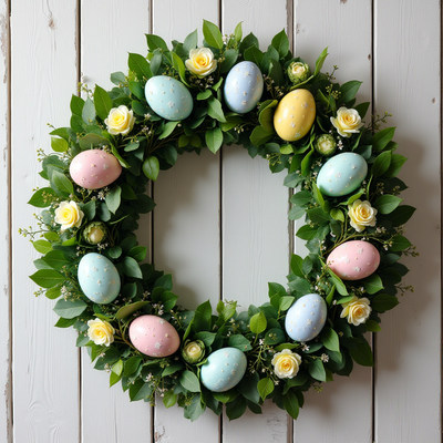 Spring wreath with pastel eggs and flowers for easter