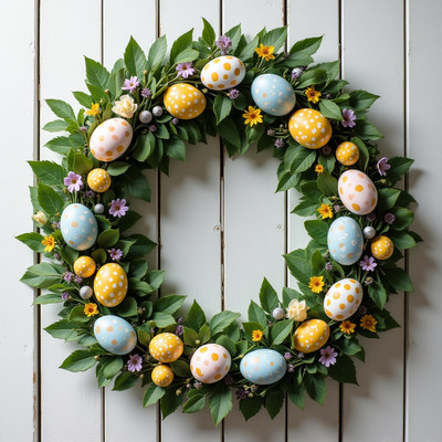Colorful easter wreath with eggs and flowers