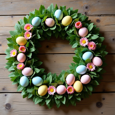 Decorative spring wreath with pastel eggs and flowers
