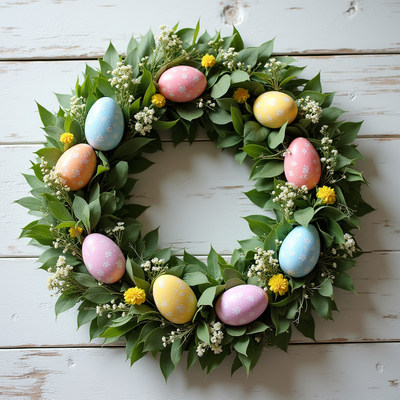 Colorful spring wreath with decorated eggs and flowers