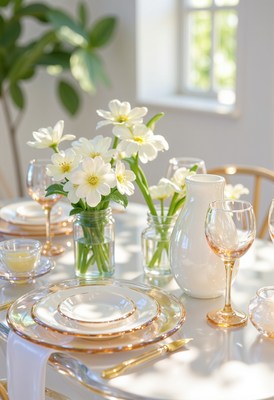 Elegant brunch table setting with flowers and glassware