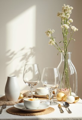Elegant breakfast table setting with fresh flowers and eggs