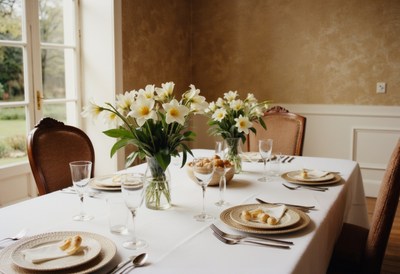 Elegant dining setup with flowers in a charming room