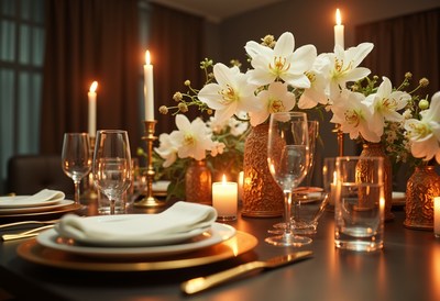 Chic dinner setting with flowers and candles