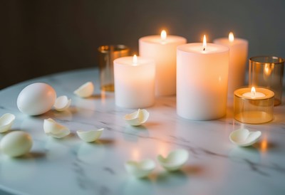 Soft candlelight with decorative petals on marble table
