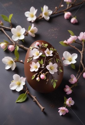 Chocolate egg decorated with blossoms on dark background