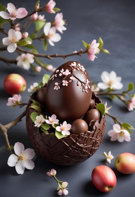 Chocolate easter egg with flowers and decorative elements