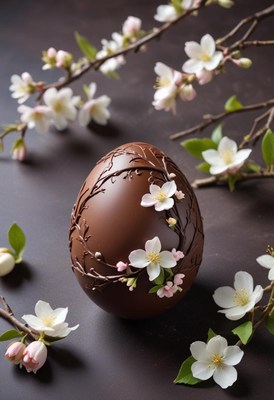 Chocolate egg decorated with flowers on a dark surface