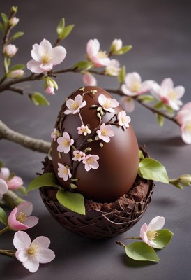 Chocolate egg adorned with flowers in elegant arrangement